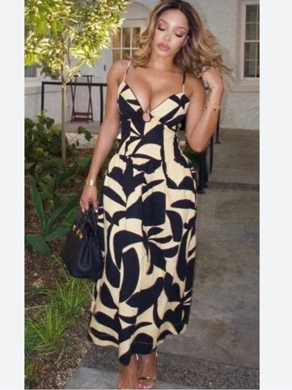 Black Tan Abstract Print Midi Dress Spaghetti Strap Neutral Dress Cotton size S